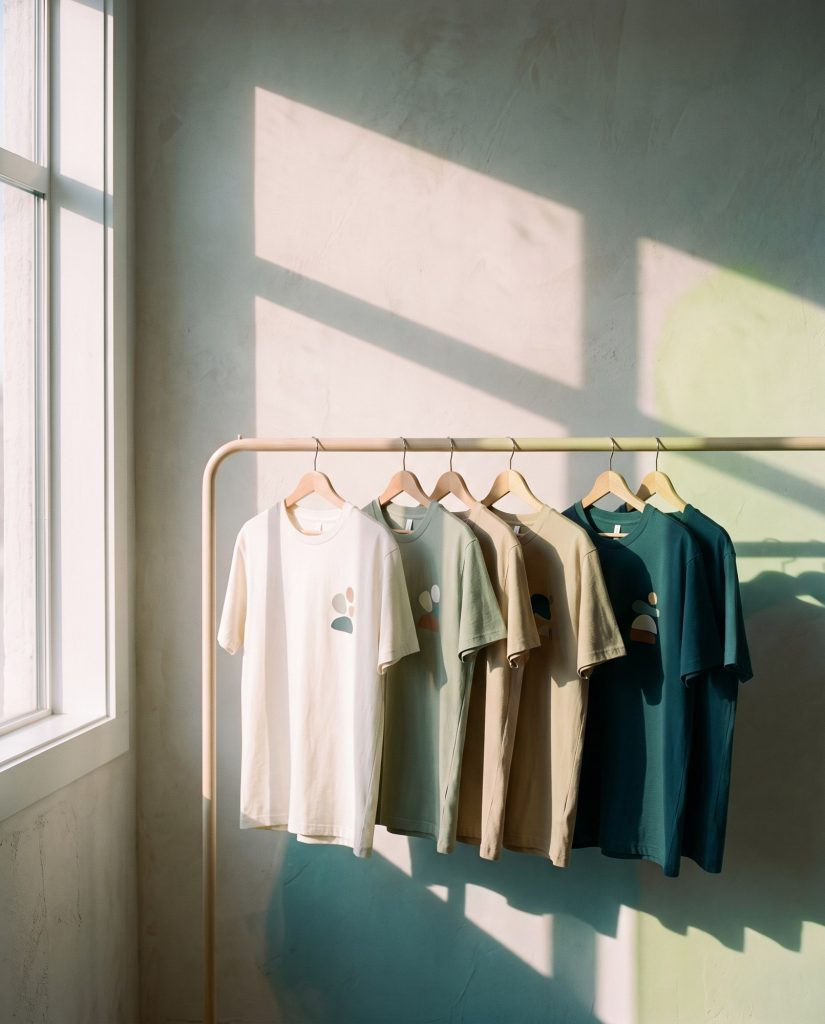 T-shirts on hangers on a clothing rail by a window