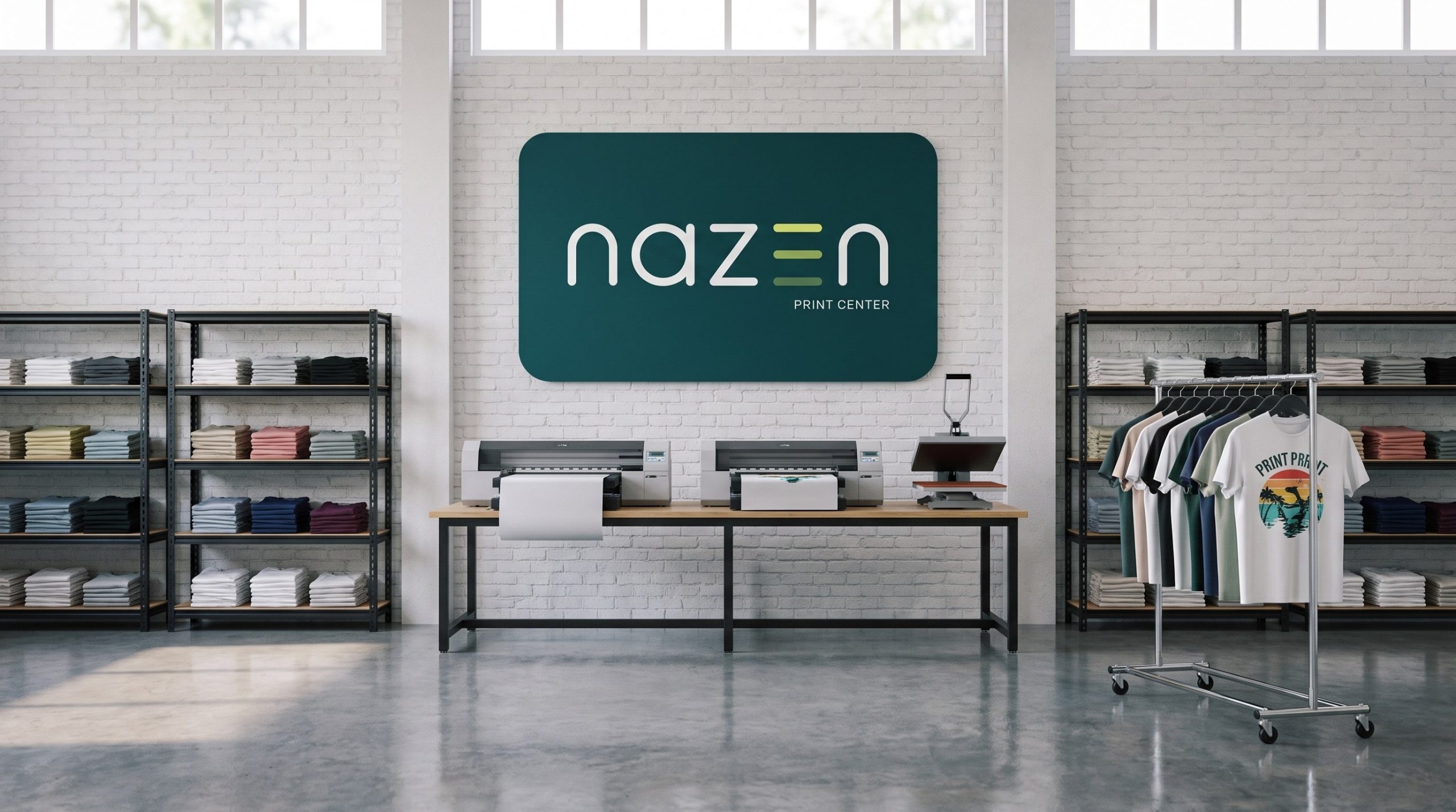 Facility interior with shelves of blank garments and a Nazen sign