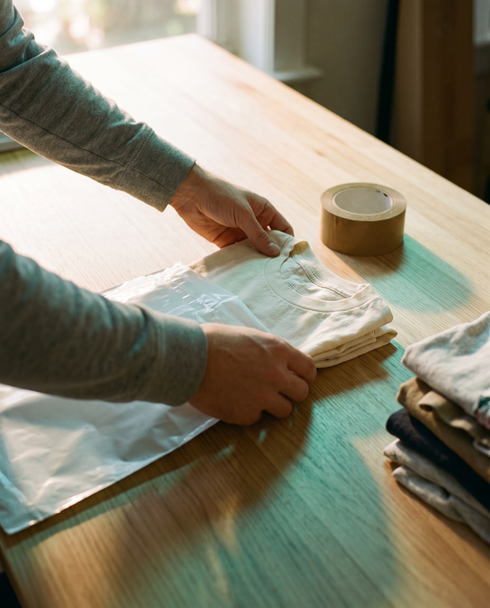 Hands packing a folded t-shirt into a mailer bag on a wooden table