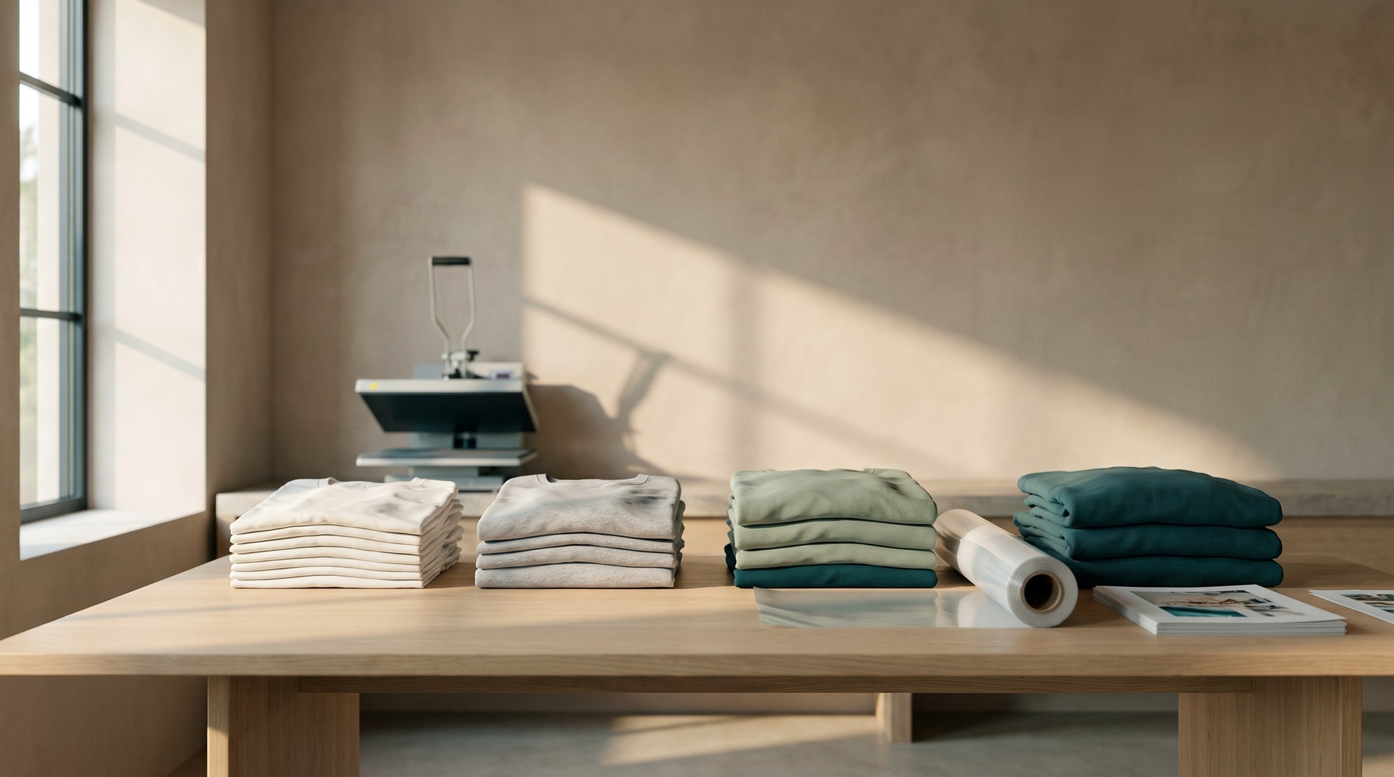 Folded t-shirts and sweatshirts on a production table next to a heat press