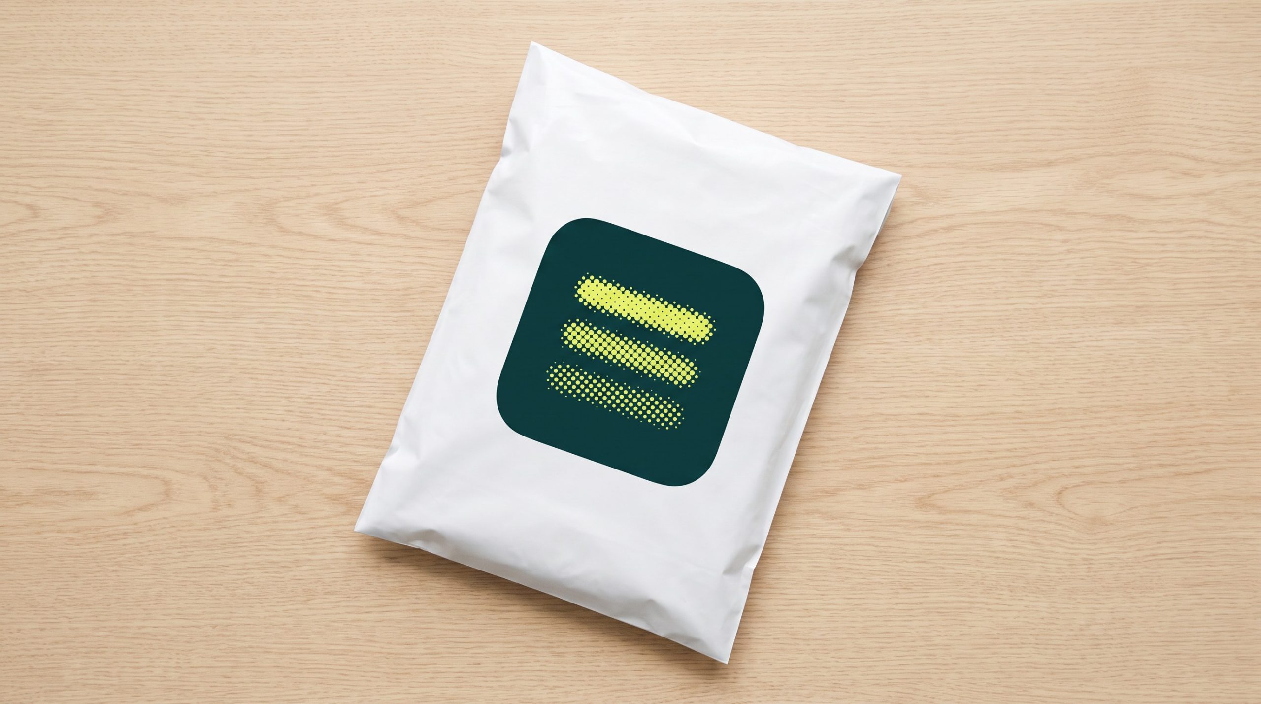 White polymailer with the Nazen app icon on a wooden table